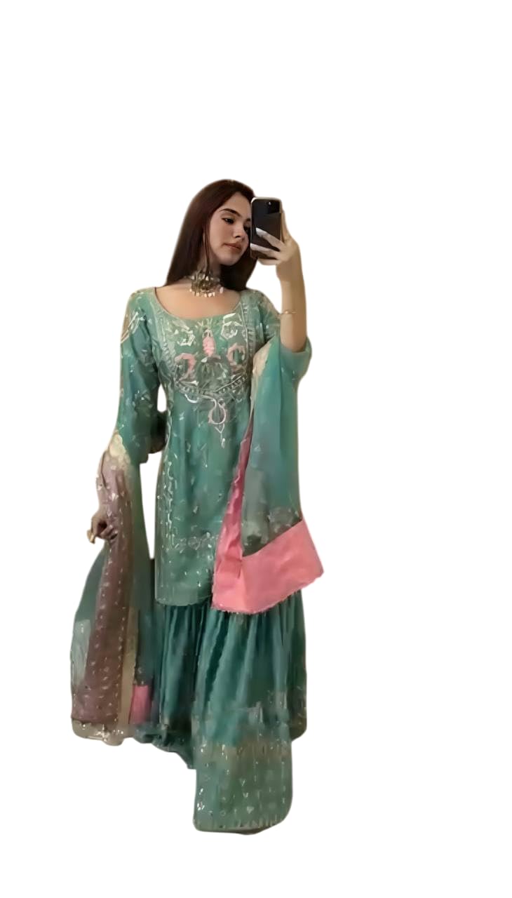 - Women's Chinon Silk Heavy Embroidery Straight Kurta With Sharara and Dupatta set