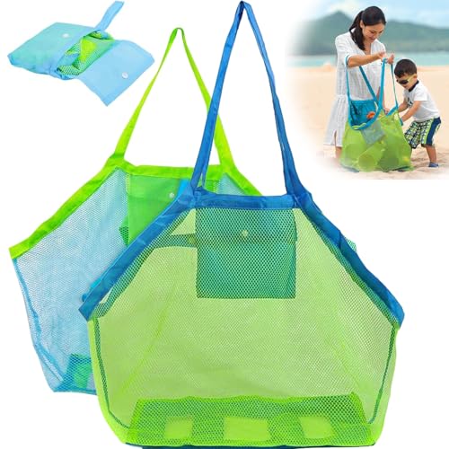 YUNYU Juego de 2 bolsas de juguetes de playa – Bolsa de almacenamiento de juguetes de arena premium con red, bolsa de red plegable duradera para vacaciones familiares, vacaciones al aire libre y playa