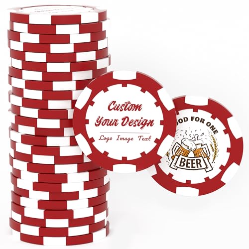 50 Custom Clay Poker Chips, 40mm Heavy 11.5 Grams Casino Sized Personalized Poker Chips with Logo, Image or Text, Customized Drink Tokens for Bar, Party, Business Card, Golf Club or Events (Red)