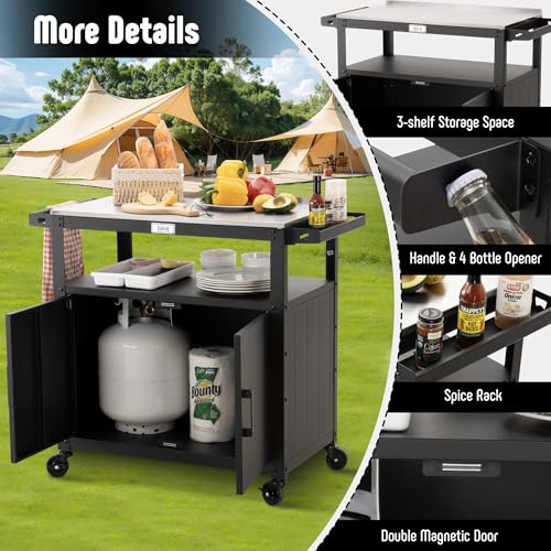 Outdoor Grill Cart with Stainless Steel Tabletop and Storage Cabinet, Movable Kitchen Island with Wheels for BBQ Food Prep, Black - Thumbnail 6