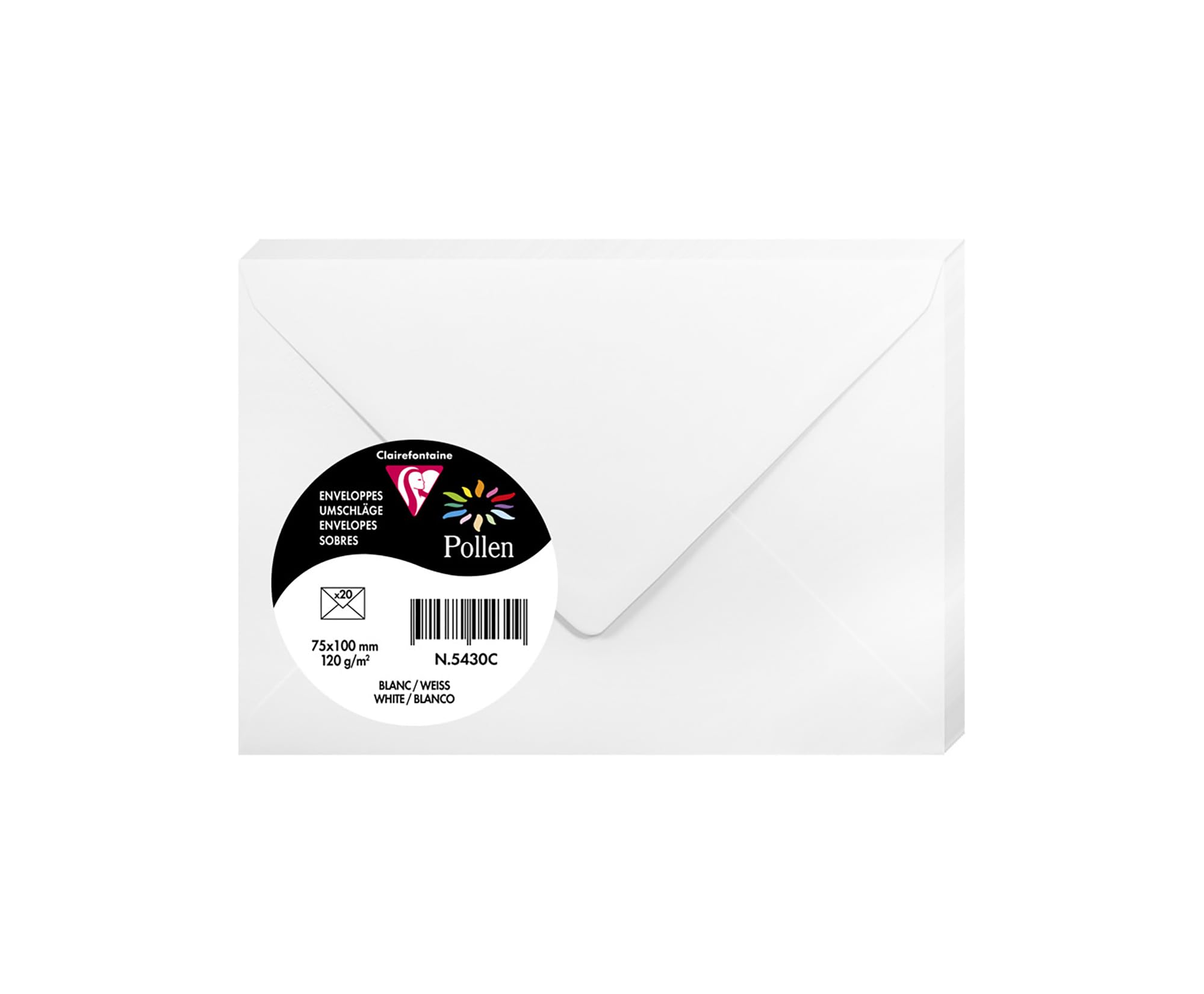 Clairefontaine 5430C Pack of 20 Gummed Envelopes Format 7.5x10cm 120g/m² - White - Invitation Events and Correspondence - Pollen Range - Premium Smooth Paper