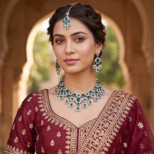 Image of I Jewels Traditional Teardrop Design & Stone Necklace Jewellery With Earrings & Maang Tikka Set for Women (IJ414)