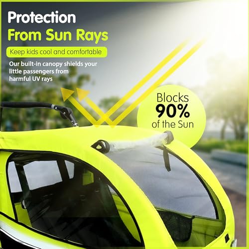 Booyah Strollers 3 in 1 Double Child Baby Bike Bicycle Trailer, Jogger, Stroller with Suspension| 88 lb Capacity | Helmet-Friendly Design, Ventilation, and Storage | (Fluorescent Green)