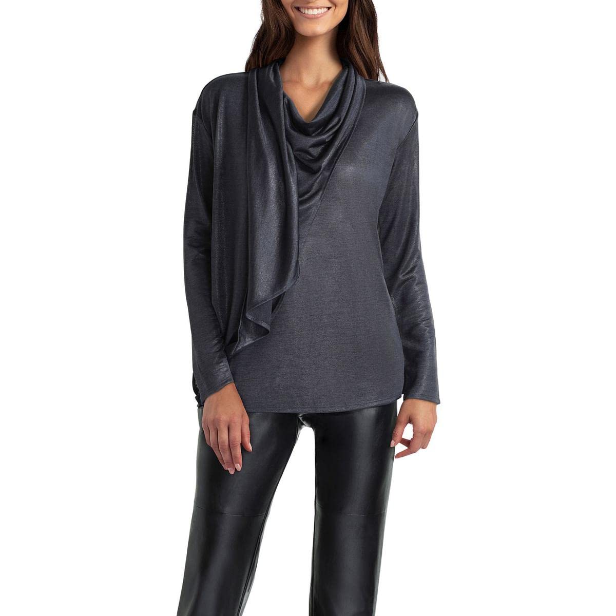 H Halston Womens Draped Wrap Long Sleeves Wrap Top, Clear India Ink, L