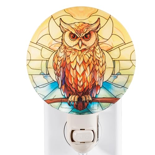 Image of Owl Night Light Vintage Retro Cottage Core Bird Figurine Plug in Wall On /Off Switch Tiffany Stained Glass Style