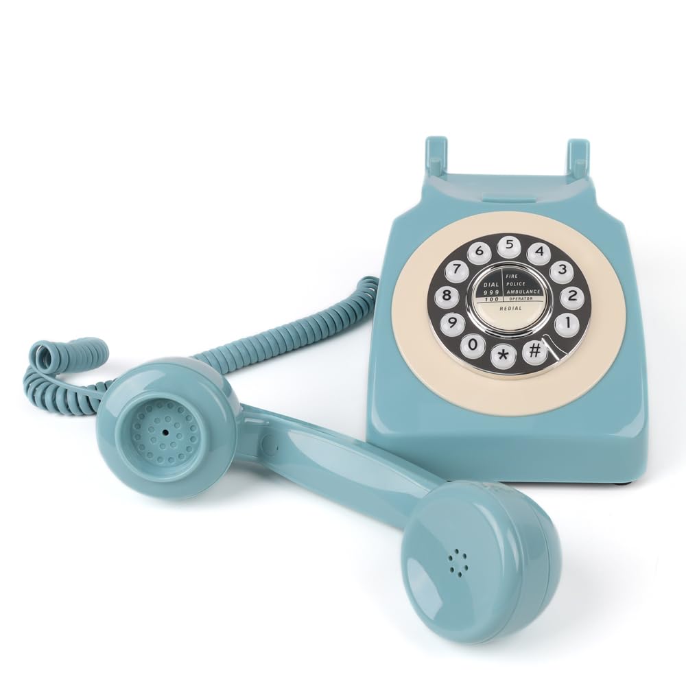 Retro Drehtelefon mit Drucktaste, Festnetztelefon mit Wahlwiederholungstaste, klassisches Vintage-Wähltelefon, antikes schnurgebundenes Telefon für Zuhause und Büro (Blau)