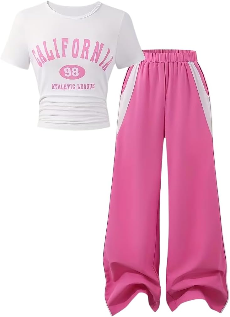 Girls 2 Piece Outfits Short Sleeve Letter Print Top+Wide Leg Pants with Pockets Summer Clothing Set Sizes 8-15 Years