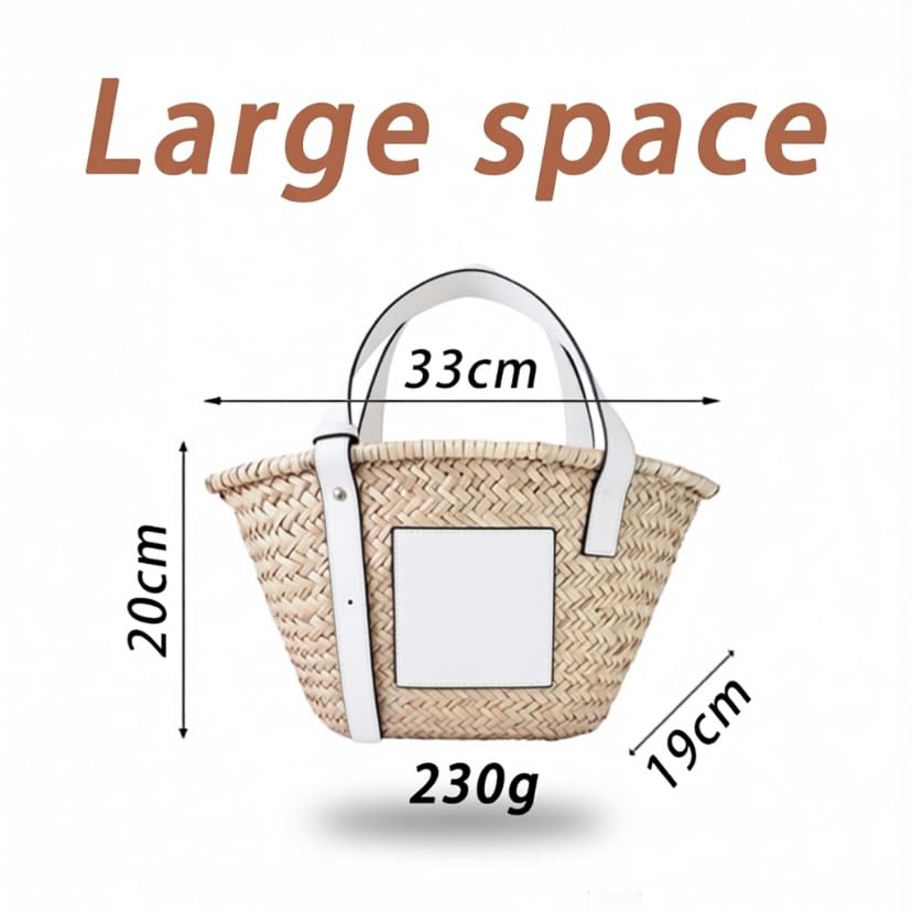 Image of Straw Basket Tote Bag for Women PU Leather Strap Hollow Woven Top Handle Straw Purses and Handbags