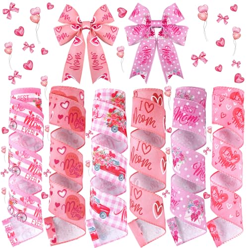 Yuxung 6 Rolls 30 Yards Mother's Day Ribbon Pink Love Burlap Stripe Ribbons Love You Mom Happy Mother's Day Floral Decorative for Bow Sewing Wreath DIY Crafts Gift Wrapping Home Decor