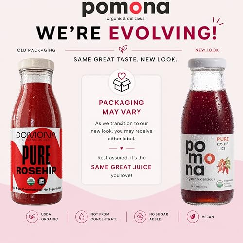 Image of Pomona Organic Juices Pure Rosehip Juice, 8.4 Ounce Bottle (Pack of 12), Cold Pressed Organic Juice, Non-GMO, No Sugar Added, Not from Concentrate, Gluten Free, Kosher Certified, Preservative Free