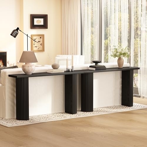 Image of Fluted Solid Wood Console Table - 55 Inches Mid Century Modern Foyer Table, Entryway Hallway Minimalist Sofa Table, Half Round Legs, Black