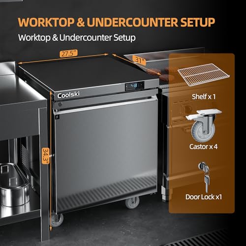 Image of Coolski 27 inchW Commercial Freezer Undercounter Worktop, 7.5 Cu.ft. Stainless Steel Worktop Food Prep Freezer, -13℉to -5℉, Single Door 1 Shelve Fridge for Restaurant /Bar /Diner /Kitchen Use