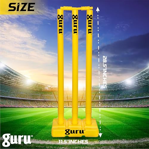Image of Guru Cricket Wicket Set, Heavy Plastic Cricket Stumps Set - 3 Stumps + 2 Bails + 1 Base Stand