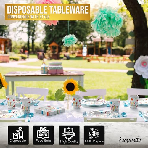 Image of Exquisite 350 Pcs Blue Happy Birthday Plates and Napkins Set, Blue Birthday Plates Set, 50 Of Each 9 inch Dinner Plate, 7 inch Dessert Plate, 12 oz Cups, Napkins & Cutlery Plastic Dinnerware Set