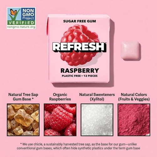 Image of Refresh Plant Based Gum, Sugar Free, Xylitol, 12 Pcs, 6 Pack (Raspberry)