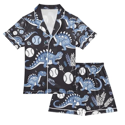 senya Dinosaur Baseball Cartoon Satin Summer Pajama Sets Silk Short Sleeve Button Down Sleepwear