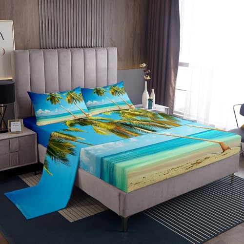 Ocean Beach Sheets King Size, Hawaiin Palm Tree Bed Sheets Sets, Summer Coastal Sheet Set, Tropical Vacation Style Bedding Set, Blue Sea Wave Top Sheet 4Pcs with 2 Pillow Cases Deep Pocket