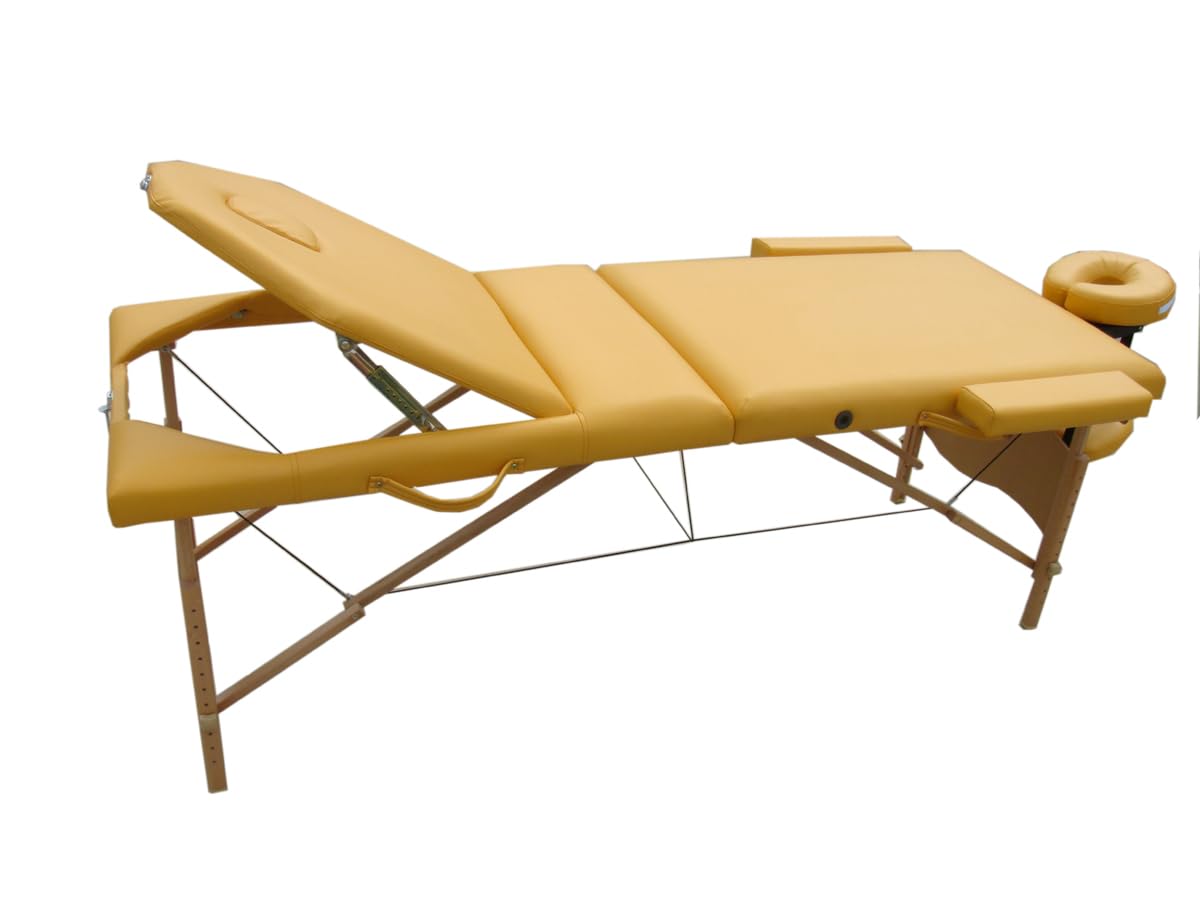 Mucola Massageliege 3 Zonen Massagetisch Holz| klappbar und höhenverstellbar | Portable Massagebank inkl. Zubehör Kopfstütze, Armlehnen und Tragetasche - Gelb