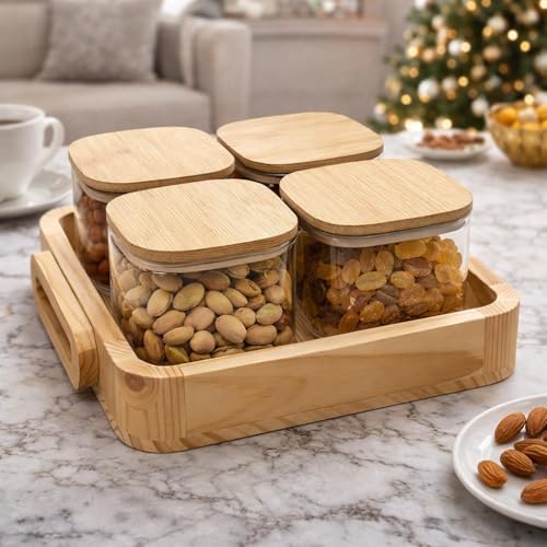 Image of 4 Pcs Borosilicate Glass Square Airtight Jar Set with Pinewood Tray | 450ml Each | Elegant Dry Fruit & Snack Serving Jar Set for Kitchen, Dining & Gifting