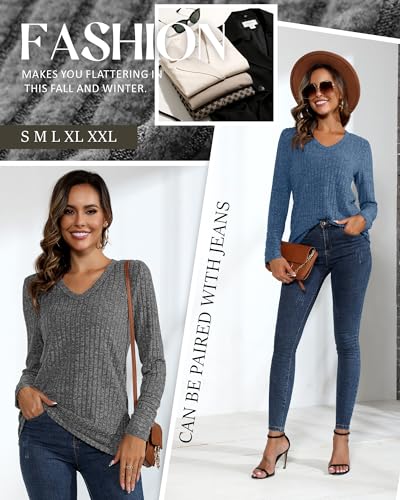 Ficerd 2 Pack Women V Neck Sweaters Long Sleeve Tunic Tops Lightweight Solid Color Casual Tunics Shirts4