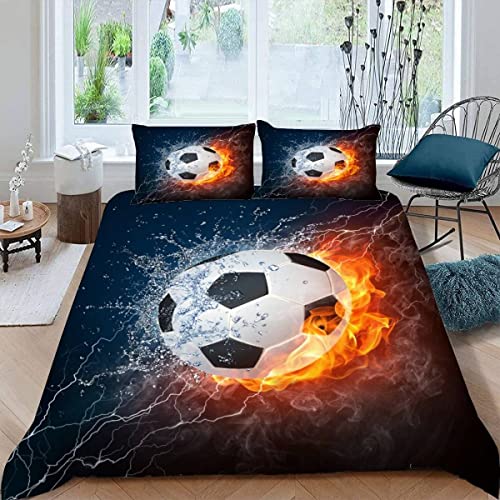 RFFLUX Housse de Couette Football 140x200 cm 1 Personne 3 Pièces Ultra Doux 3D Feu Frais Parure de Lit en Microfibre avec Fermeture éclair Enfant GarçOn Fille avec 2 Taies d'Oreillers 50x75