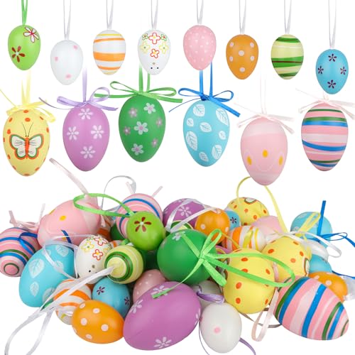 Jangostor 50 Piezas Huevos de plástico Pintados - 2 tamaños Colgantes Decoraciones de Huevos de Pascua con Varios Estilos Puntos Rayas Flores para árbol Escuela Hogar Decoración de Pascua