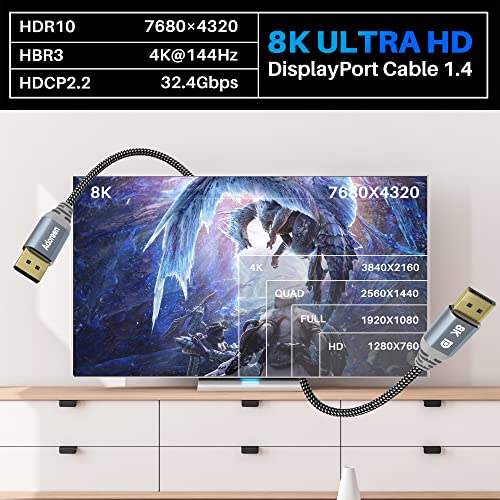 VESA Certified 8K DisplayPort 1.4 Cable 4 Feet/2 Pack,Adoreen DP Cord(From 1.5-30FT)8K@60Hz 4K@144Hz 2K@240Hz 32.4Gbps HBR3 HDCP HDR,FreeSync G-Sync,Braided Display Port for Monitor Graphics+ 5 Ties