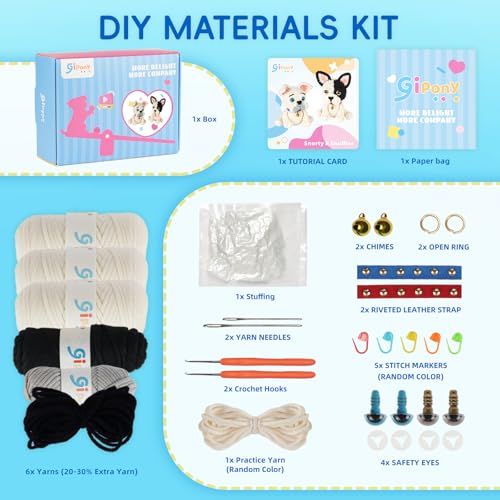 Image of Gipony Crochet Kit for Beginners Animal,Crochet Animal Kits,Crochet Pet Toys Kits,Learn to Crochet with Step-by-Step Video Tutorials,Beginners Crochet Kits for Adults(2 Pack French Bulldog)