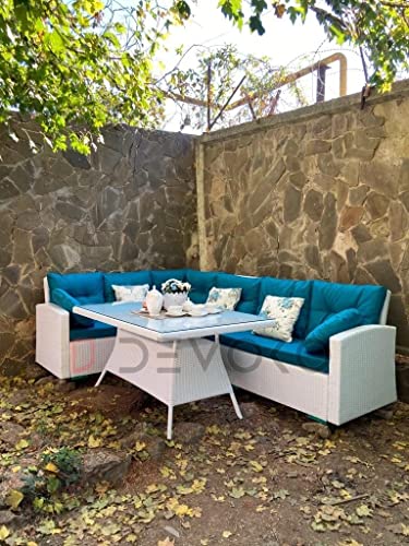 Image of DEVOKO 3 Piece Outdoor Patio HDPE Wicker Sectional Dining Sofa Rattan Conversation Furniture Set with Table (White and Sky-Blue)
