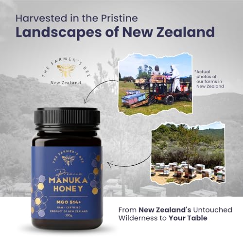 Image of THE FARMER'S BEE New Zealand Manuka Honey MGO 514+ (15+) | Monofloral Raw Honey | MGO Tested | Premium Imported Honey | Natural Face Mask, Skin Care & Minor Cuts | Throat & Respiratory Wellness | 500g