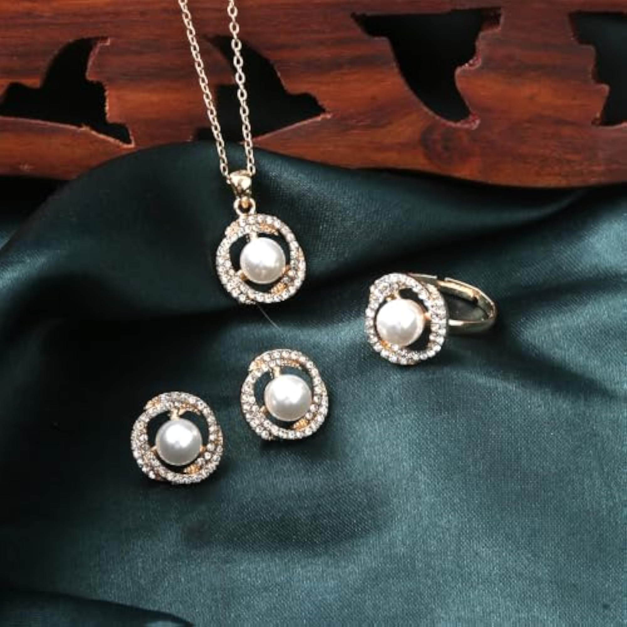 Women's Stylish Golden Finish Pearl Stud Earrings, Ring & Chain Pendant Set