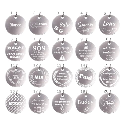 Unikat Branding | Erkennungsmarken im Singlepack | Hund, Katze und Herrchen | Hundemarke personalisiert | Beidseitig mit Gravur | rund | Silber 30mm