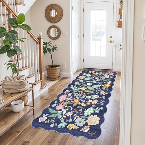 Washable 3x6 Hallway Runner Rug: Low-Pile Floral Scalloped Entryway Runners Non-Slip Stain Resistant Carpet for Kitchen Bathroom Laundry Room Soft Floor Mat for Living Room Bedroom Nursery(3x6/Purple)