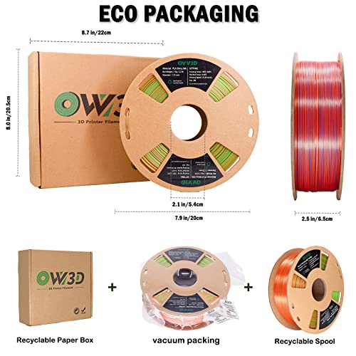 Image of OVV3D 3D Printer Filament, Tri-Colors PLA Filament 1.75mm, Coextrusion Silk PLA Filament, Rainbow PLA Filament with Silk PLA Blue-Green-Orange, 3D Printing Filament + /-0.02mm, 1kg /2.2lbs