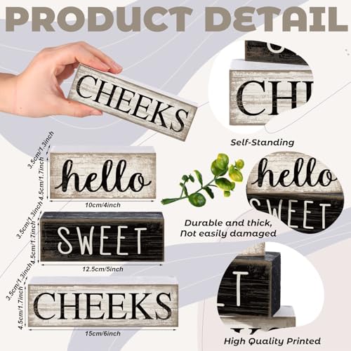 Image of Moucuny 4 Pcs Bathroom Shelf Decor Hello Sweet Cheeks Sign Farmhouse Bathroom Decor and Accessories Rustic Eucalyptus Leaves Wood Block Sign Gift Sweet Home Table Centerpiece for Home Office