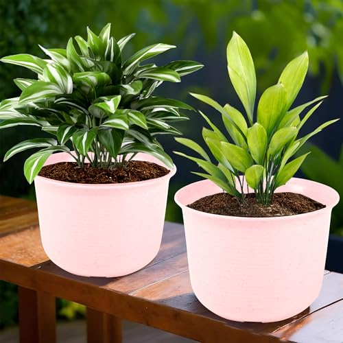 Kuber Industries Pack of 2 Marble Sawera Design 10 Inch Flower Plant Pot with Plate for Home & Garden | Stylish Pots for Plants Balcony | Ideal for Home Decor & Office Spaces | Pink