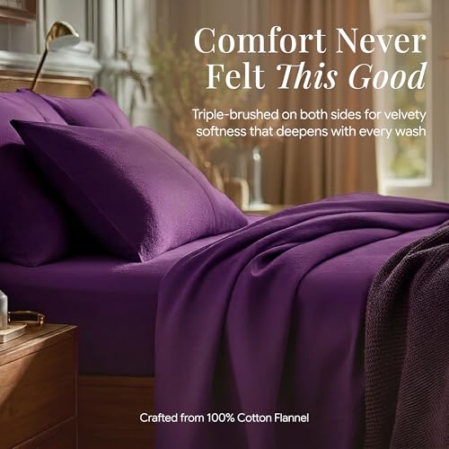 Image of Tribeca Living Triple Brushed Soft Cotton Flannel Sheets Set, Cal King Size 170-GSM Weight Extra Deep Pocket Sheet in Solid Purple Color