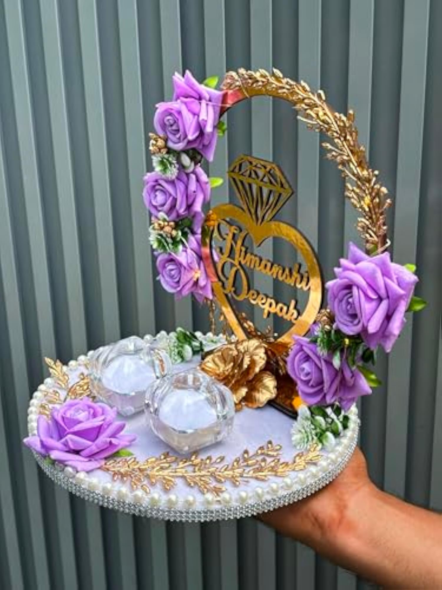 Wood Personalized Flower Design Engagement Ring Tray Platter