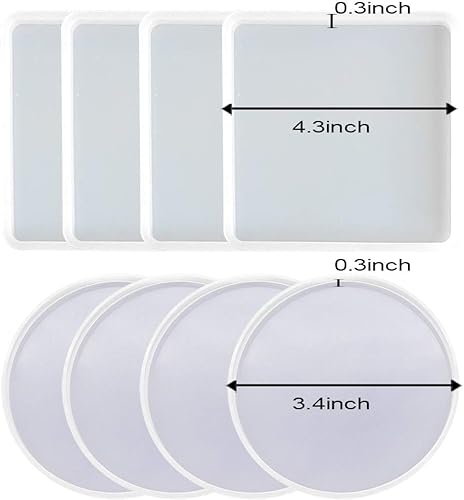 Miniatura 4 de Paquete de 8 moldes de posavasos para fundición de resina, 4 moldes cuadrados y 4 moldes redondos de resina epoxi de silicona, ideal para hacer