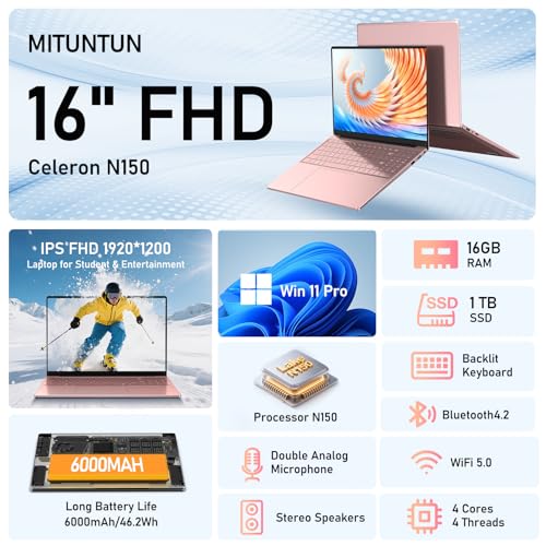 Image of 3 Gaming Laptop Computer, 16 Inch Lap Top 2026 Window 11 Pro 16GB RAM 4TB SSD, N150 (Up to 3.6GHz), Backlit Keyboard, FHD 1920 * 1200 Screen, Office 365, 6000mAh, WiFi 5 BT 4.2, Pink