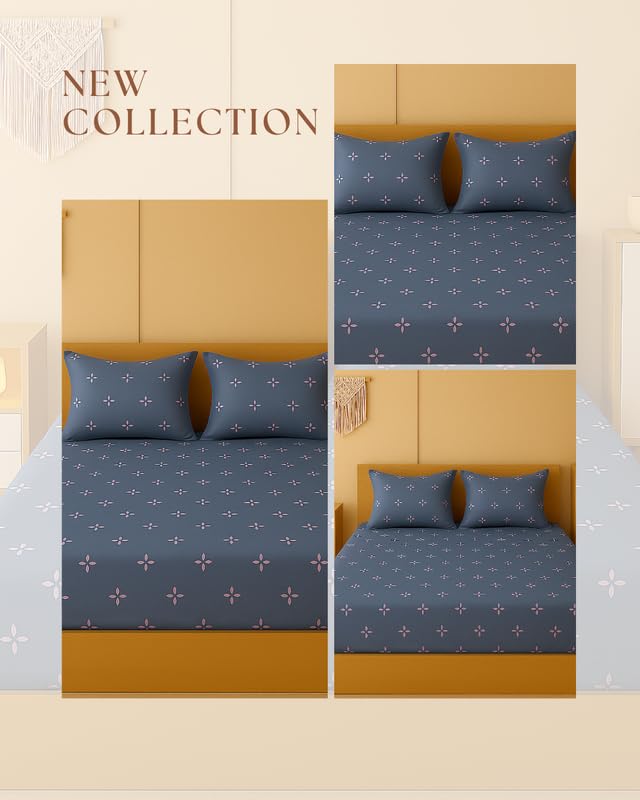 Image of NEW LEAF 320 TC Cotton All Around Elastic Fitted Printed Bedsheets King Size, Premium Fitted Bedsheets King Size for Double Bed with 2 Pillow Covers, Size- 78 inch x 72 inch Light Grey