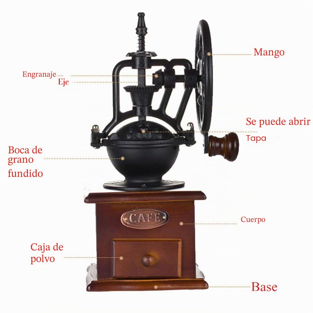 Molinillo de café Manual, molinillo de café con manivela de hierro fundido antiguo con ajustes de molienda y tipo cajón con rebabas de cerámica para Espresso