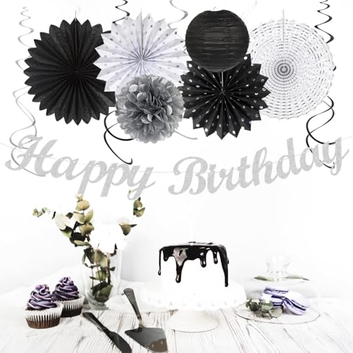 Image of Black White Silver Birthday Party-decorations - 21pcs Boys Men Happy Banner,Paper Streamers Lanterns Honeycomb,Tissue Pom Poms Fan,Adult Supplies Decor 16th 20th 40th 45th 50th 60th Huglony