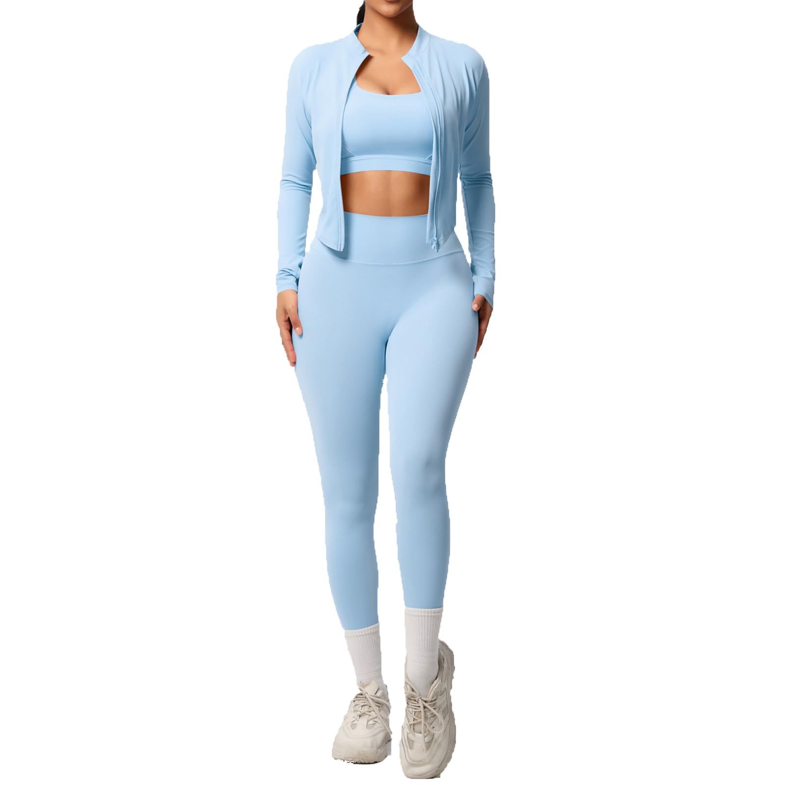 2026 Tuta Da Jogging Da Donna 3 Pezzi Tinta Unita Slim Fit Crop Top e Maniche Lunghe Per Corsa Fitness Cardigan e Leggings Per Yoga, Sport, Set Sportivo Sportswear Completi Ginnastica Casa