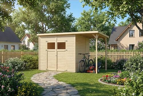 Alpholz Gerätehaus Mollie Plus 395x199 cm Fichtenholz 14 mm Wandstärke Pultdach mit Anbau und Schleppdach inkl. Montagematerial