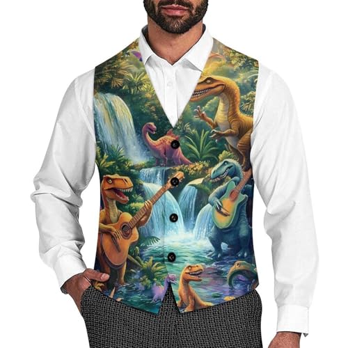 Funny Dinosaur Guitar Men's Suit Vests Business Formal Dress Vest V-Neck Waistcoat for Wedding Casual