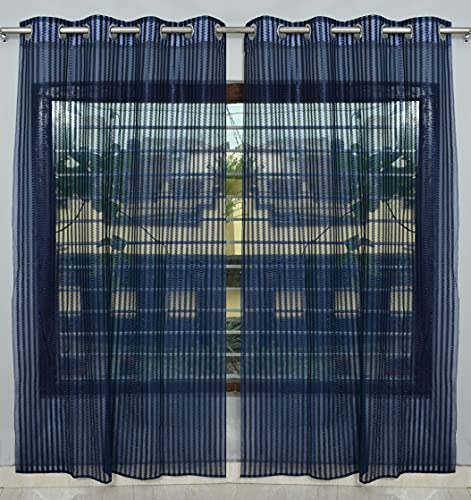 Image of Premium Polyester Floral Sheer Printed Net Combination Transparent Beautiful Curtains Set of 3 Piece for Long Door Blue 9 Feet