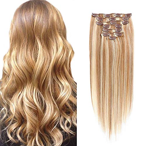 Clip in Human Hair Extensions,Double Weft 18Inch Real Hair Extensions 7pieces 70g #12/613 Golden Brown Mix Bleach Blonde Silky Straight Hair Extensions Clip in Human Hair