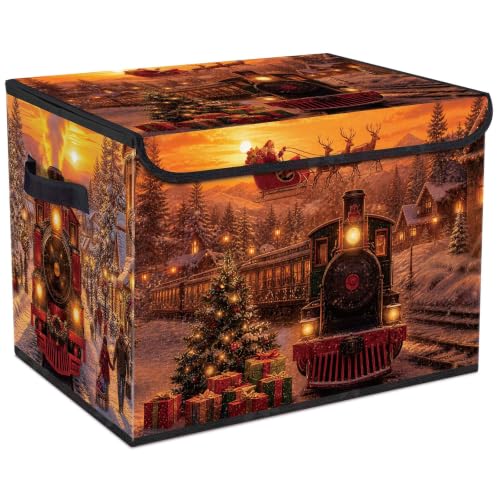 Image of Briwooody Christmas Storage Bin with Lid and Carrying Handle Christmas Train Foldable Storage Box Large Xmas Snowy Night Decorative Collapsible Container Basket for Organizing Closet Home Bedroom
