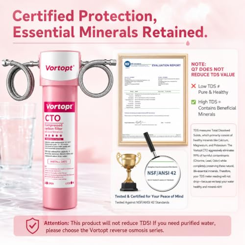 Image of Vortopt Q7 19000 Gallon Sink Water Filter, Reduces Chlorine, Lead, | Bad Taste & Odor, Under Counter Water Filter Connects Directly to Your Faucet, NSF /ANSI 372 & 42 Certified, 2Years, Pink.